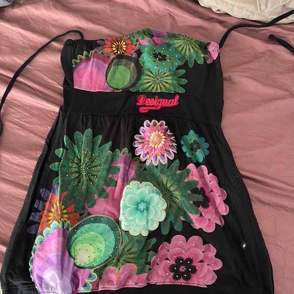 Desigual Black Floral Top with Pink and Green Accents - Picture 1 of 2